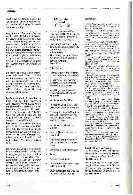 Vorschauseite 6: Umgang mit Zytostatika - Was ist zu beachten? Teil 2 Aus der Zentralapotheke d. Medizinischen Hochschule Hannover