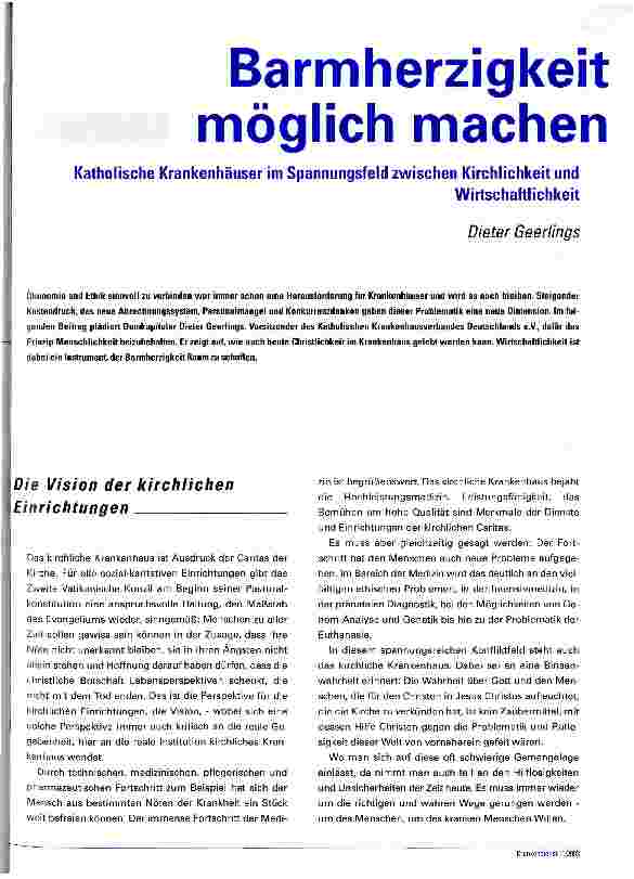 Vorschauseite 1: Barmherzigkeit möglich machen Katholische Krankenhäuser im Spannungsfeld zwischen Kirchlichkeit und Wirtschaftlichkeit