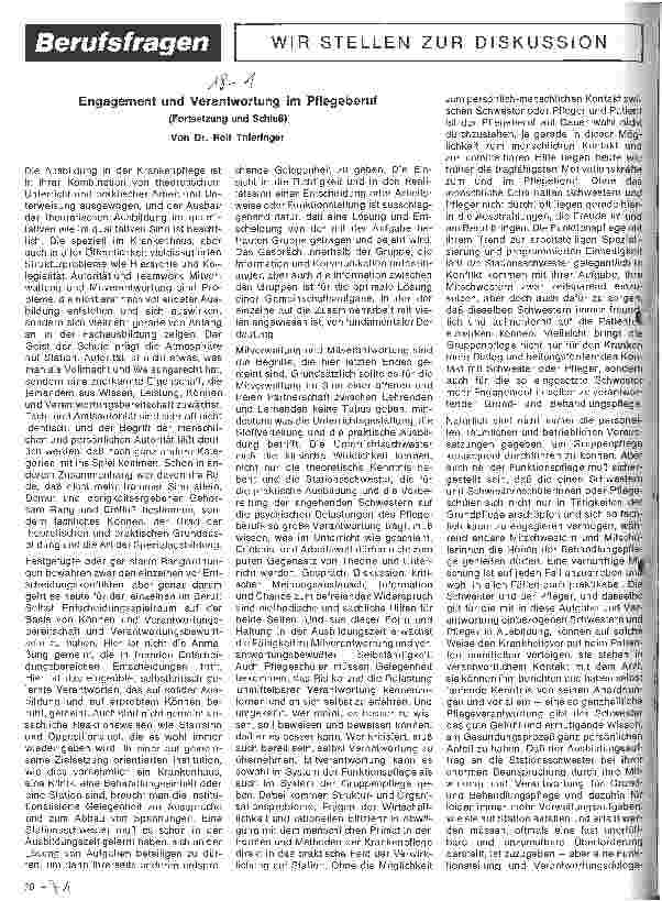 Vorschauseite 1: Berufsfragen - Wir stellen zur Diskussion Engagement und Verantwortung im Pflegeberuf (Fortsetzung und Schluß)