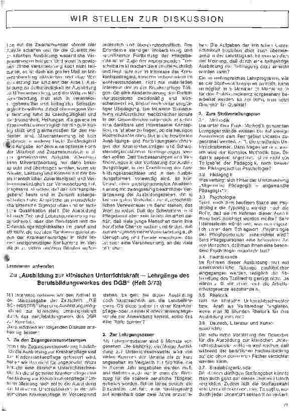 Vorschauseite 2: Berufsfragen - Wir stellen zur Diskussion Engagement und Verantwortung im Pflegeberuf (Fortsetzung und Schluß)