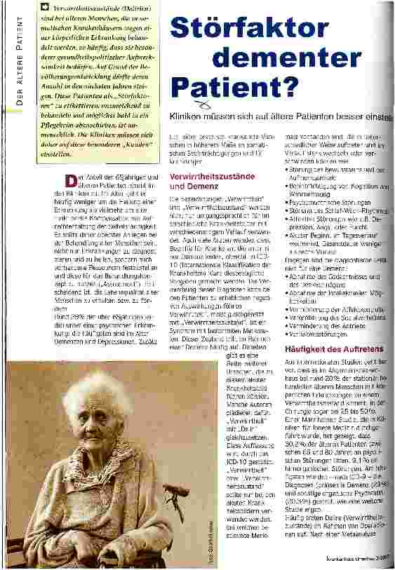 Vorschauseite 1: Störfaktor dementer Patient? Kliniken müssen sich auf ältere Patienten besser einstellen