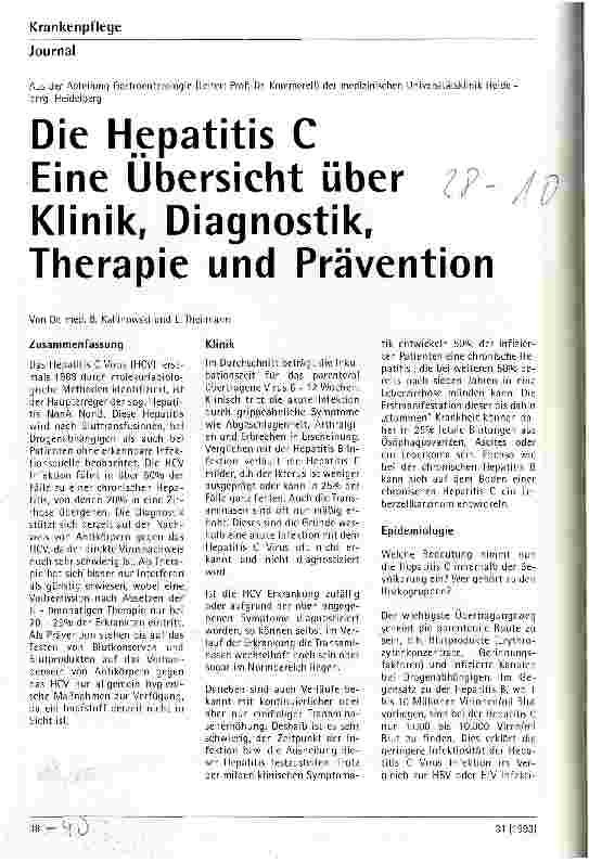 Vorschauseite 1: Die Hepatitis C - Eine Übersicht über Klinik, Diagnostik, Therapie und Prävention