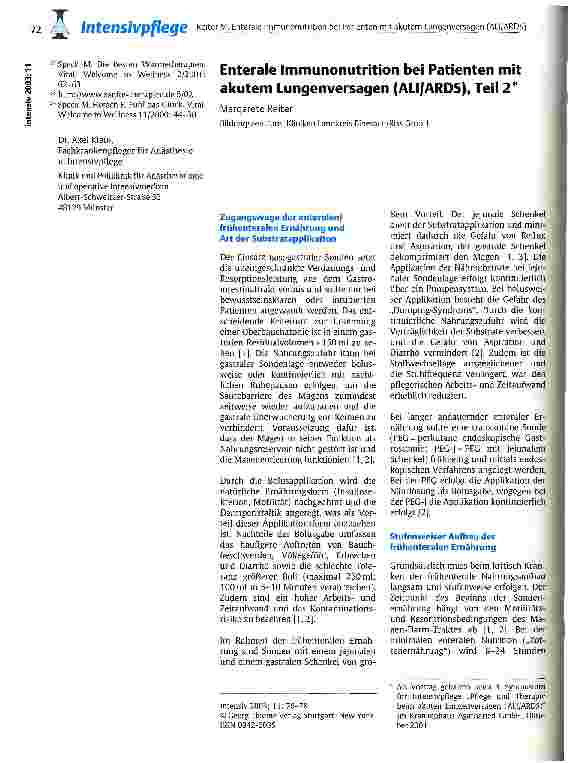 Vorschauseite 1: Enterale Immunonutrition bei Patienten mit akutem Lungenversagen (ALI/ARDS) Teil 2