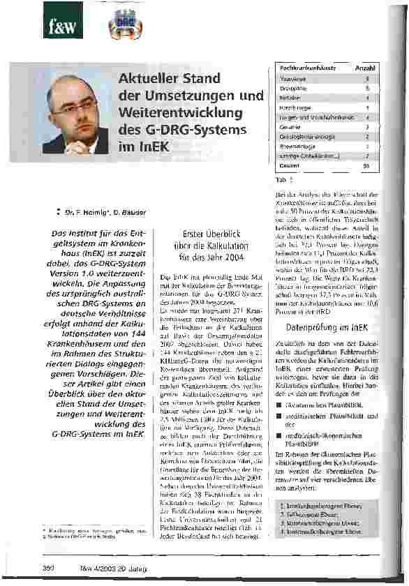 Vorschauseite 1: Aktueller Stand der Umsetzung und Weiterentwicklung des G-DRG-Systems im InEK