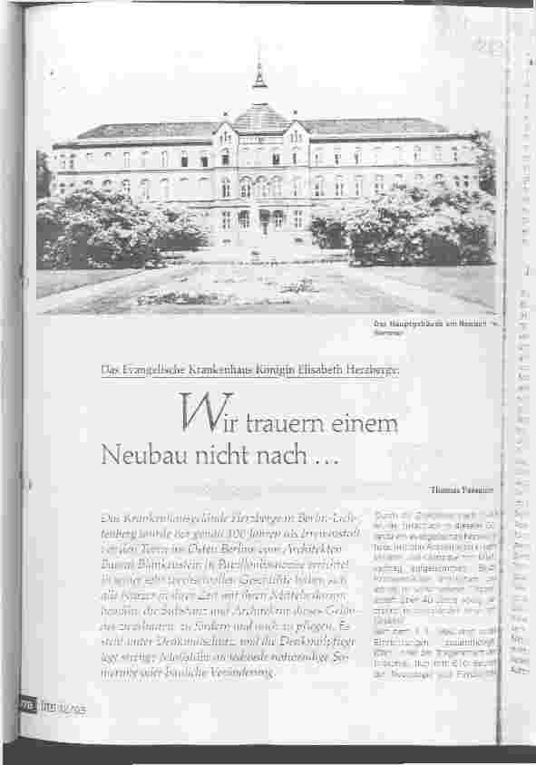 Vorschauseite 1: Wir trauern einem Neubau nicht nach Das evangelische Krankenhaus Königin Elisabeth Herzberge