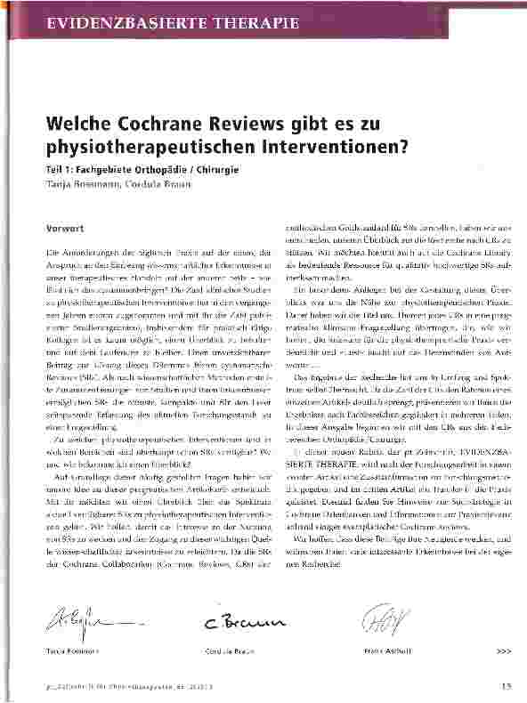 Vorschauseite 1: Welche Cochrane Reviews gibt es zu physiotherapeutischen Interventionen?