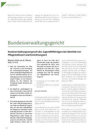 Vorschauseite 1: Kostenerstattungsanspruch des Jugendhilfeträgers bei Identität von Pflegestellenort und Einrichtungsort