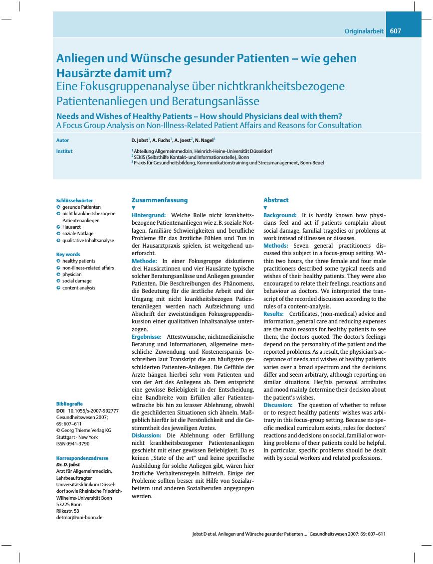 Vorschauseite 1: Anliegen und Wünsche gesunder Patienten - wie gehen Hausärzte damit um?