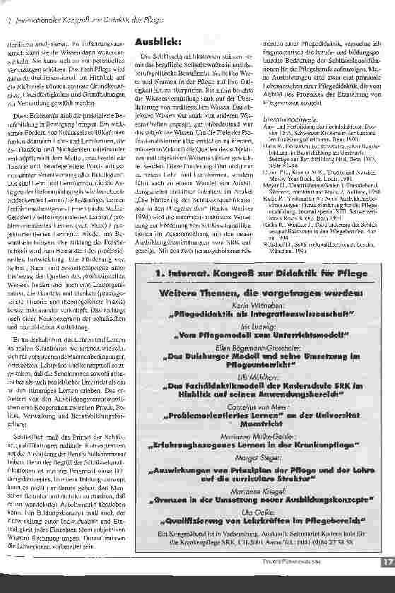 Vorschauseite 4: 1. Internationaler Kongreß zur Didaktik der Pflege Aarau/Schweiz Von den Quellen zu den Schlüsseln des Pflegewissens