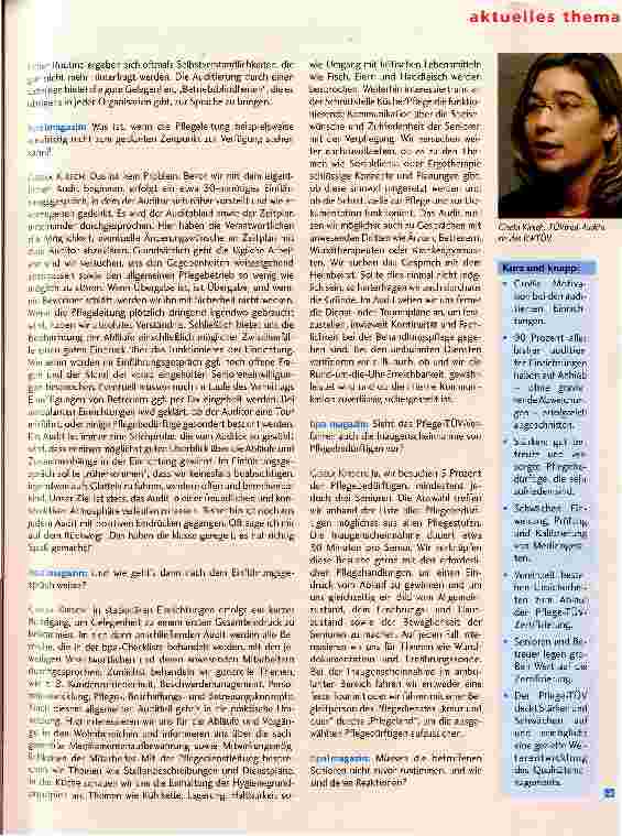 Vorschauseite 2: Pflege-TÜV - Starten statt auf LQN und MDK zu wartenINTERVIEW MIT GISELA KIRSCH, TÜV*D, ÜBER IHRE ERFAHRUNGEN BEI DER PFLEGE-TÜV-AUDITIERUNG VON PFLEGEEINRICHTUNGEN