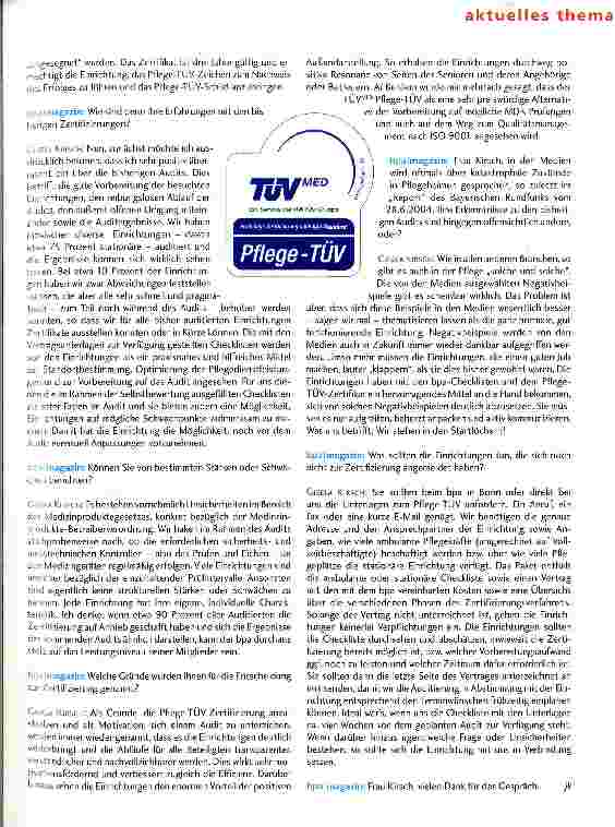 Vorschauseite 4: Pflege-TÜV - Starten statt auf LQN und MDK zu wartenINTERVIEW MIT GISELA KIRSCH, TÜV*D, ÜBER IHRE ERFAHRUNGEN BEI DER PFLEGE-TÜV-AUDITIERUNG VON PFLEGEEINRICHTUNGEN