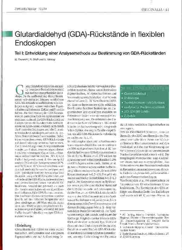 Vorschauseite 1: Glutardialdehyd (GDA)-Rückstände in flexiblen EndoskopenTeil I: Entwicklung einer Analysemethode zur Bestimmung von GDA-Rückständen