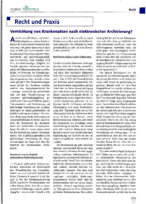 Vorschauseite 1: Vernichtung von Krankenakten nach elektronischer Archivierung?