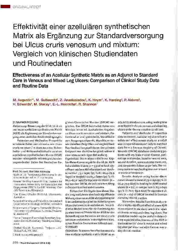 Vorschauseite 1: Effektivität einer azellulären synthetischen Matrix als Ergänzung zur Standardversorgung bei Ulcus cruris venosum und mixtum: Vergleich von klinischen Studiendaten und Routinedaten