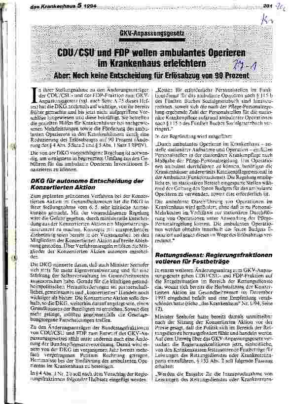 Vorschauseite 1: CDU/CSU und FDP wollen ambulantes Operieren im Krankenhaus erleichtern Aber: noch keine Entscheidung für Erlösabzug von 90 %