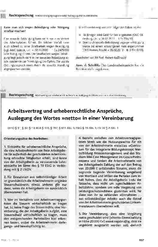 Vorschauseite 1: Arbeitsvertrag und urheberrechtliche Ansprüche, Auslegung des Wortes »netto« in einer Vereinbarung