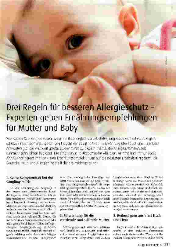 Vorschauseite 1: Drei Regeln für besseren Allergieschutz -Experten geben Ernährungsempfehlungen für Mutter und Baby