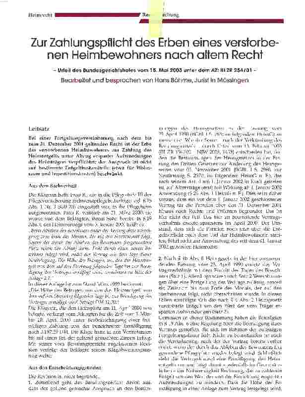 Vorschauseite 1: Zur Zahlungspflicht des Erben eines verstorbenen Heimbewohners nach altem Recht