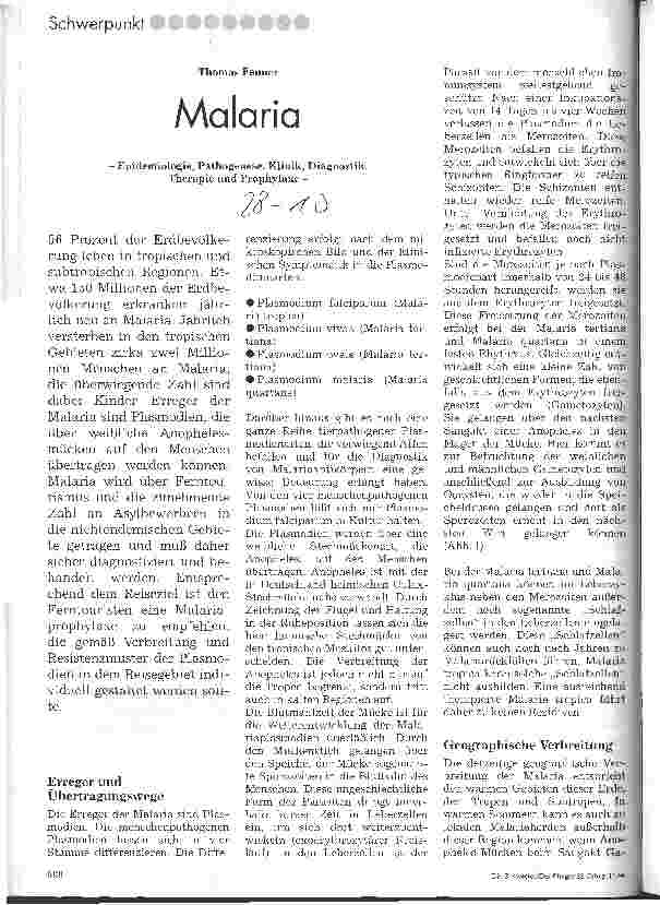 Vorschauseite 1: Malaria Epidemiologie, Pathogenese, Klinik, Diagnostik, Therapie und Prophylaxe