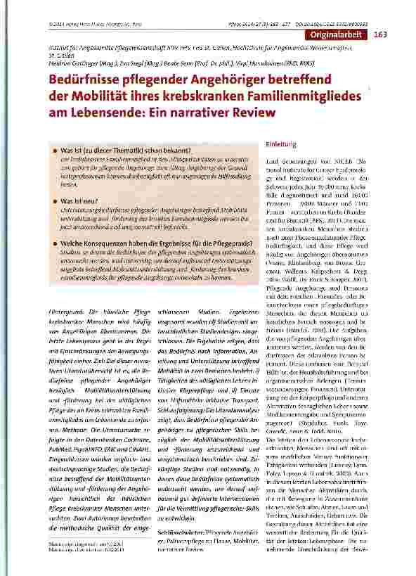 Vorschauseite 1: Bedürfnisse pflegender Angehöriger betreffend der Mobilität ihres krebskranken Familienmitgliedes am Lebensende: Ein narrativer Review