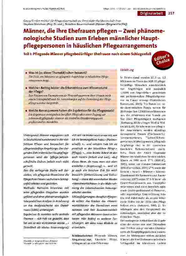 Vorschauseite 1: Männer, die ihre Ehefrauen pflegen - Zwei phänome nologische Studien zum Erleben männlicher Hauptpflegepersonen in häuslichen Pflegearrangements Teil I: Pflegende Männer pflegebed…