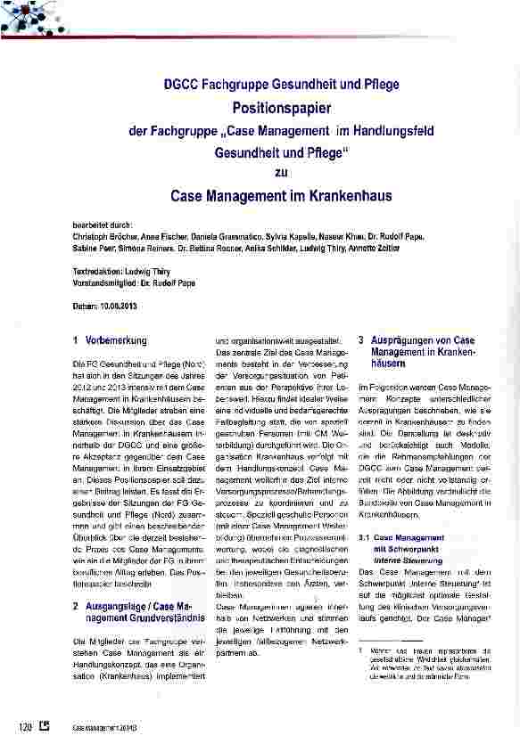 Vorschauseite 1: DGCC Fachgruppe Gesundheit und Pflege Positionspapier der Fachgruppe „Gase Management im Handlungsfeld Gesundheit und Pflege zu Case Management im Krankenhaus