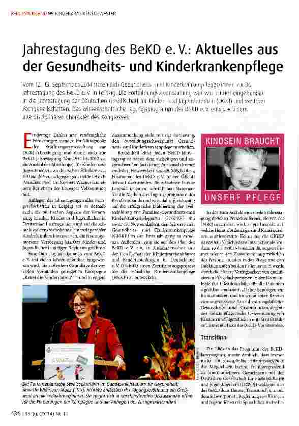 Vorschauseite 1: Jahrestagung des BeKD e. V. : Aktuelles aus der Gesundheitsund Kinderkrankenpflege