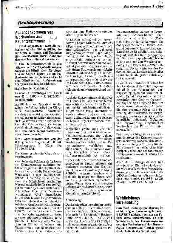 Vorschauseite 1: Wahlleistungsvereinbarung Landgericht Flensburg, 26.11.92 1 S 88/92