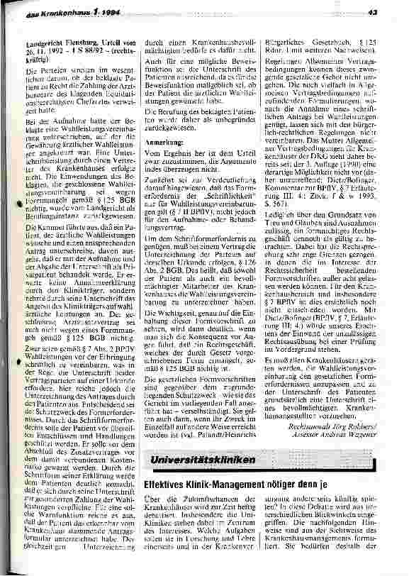Vorschauseite 2: Wahlleistungsvereinbarung Landgericht Flensburg, 26.11.92 1 S 88/92