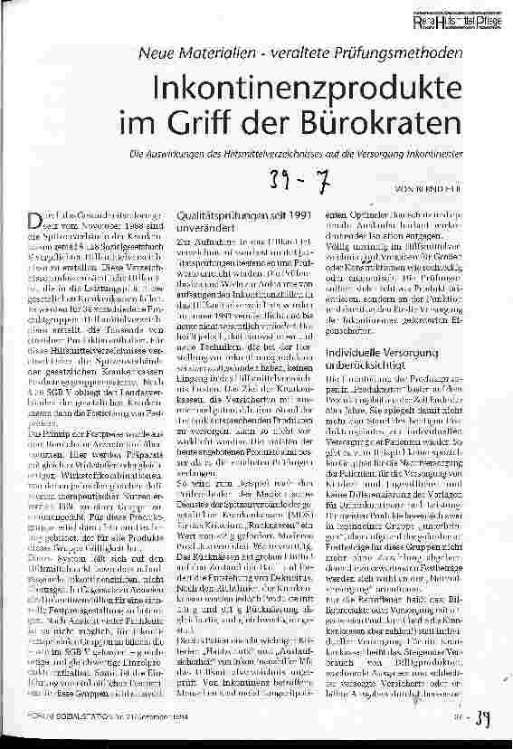 Vorschauseite 1: Inkontinenzprodukte im Griff der Bürokraten Die Auswirkung des Hilfsmittelverzeichnisses auf die Versorgung Inkontinenter Neue Materialien - veraltete Prüfungsmethoden