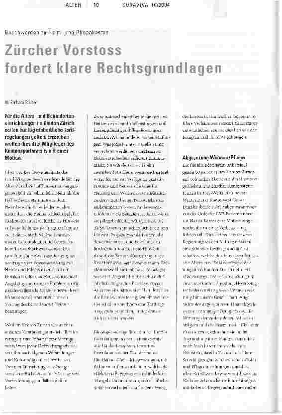 Vorschauseite 1: Zürcher Vorstoss fordert klare RechtsgrundlagenBeschwerden zu Heimund Pflegekosten