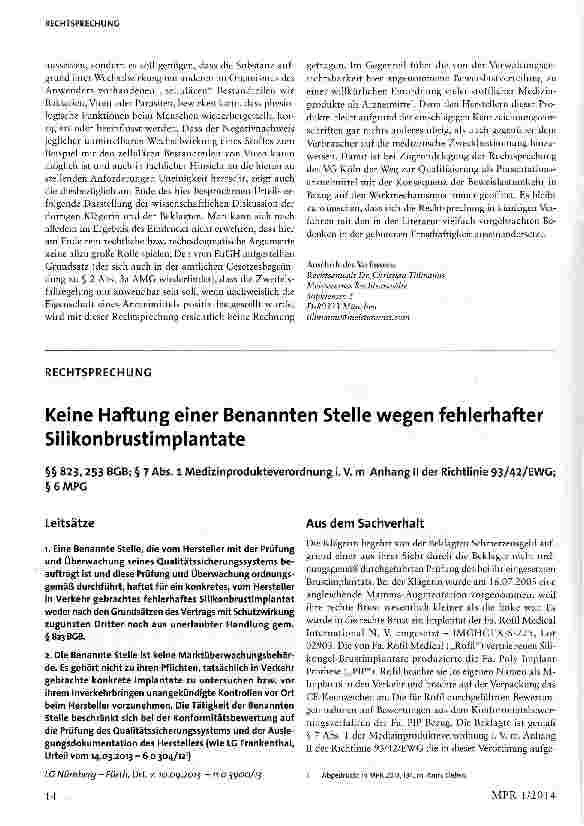 Vorschauseite 1: Keine Haftung einer Benannten Stelle wegen fehlerhafter Silikonbrustimplantate