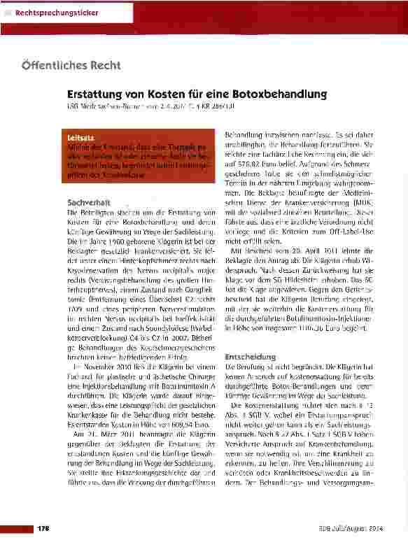 Vorschauseite 1: Erstattung von Kosten für eine Botoxbehandlung LSG Niedersachsen-Bremen vom 2.4.2014 (L 4 KR 286/13)