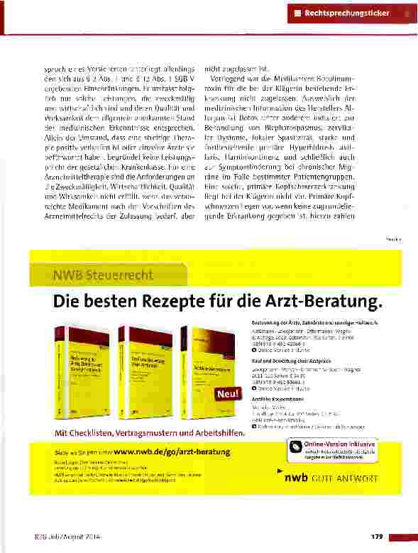 Vorschauseite 2: Erstattung von Kosten für eine Botoxbehandlung LSG Niedersachsen-Bremen vom 2.4.2014 (L 4 KR 286/13)