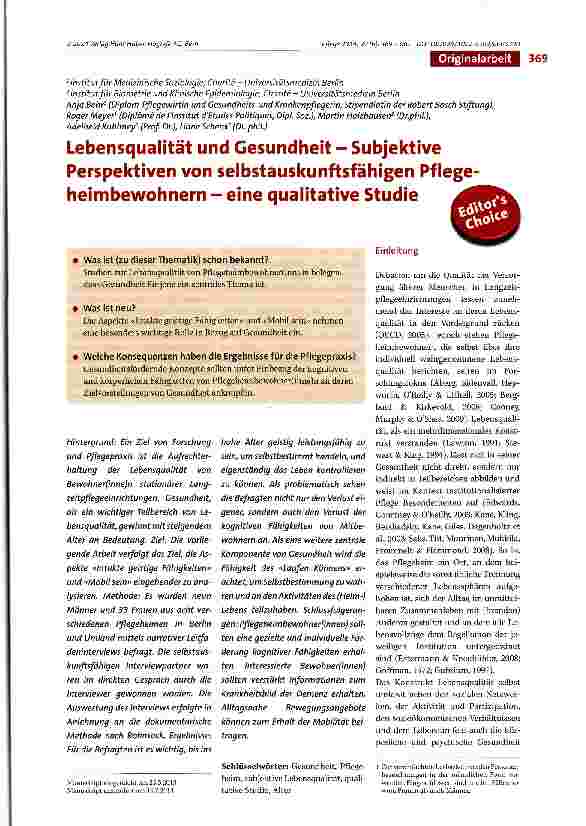 Vorschauseite 1: Lebensqualität und Gesundheit - Subjektive Perspektiven von selbstauskunftsfähigen Pflegeheimbewohnern - eine qualitative Studie