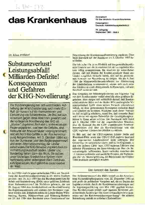 Vorschauseite 1: Substanzverlut! Leistungabgfall! Milliarden-Defizite! Konsequenzen und Gefahren der KHG-Novellierung!