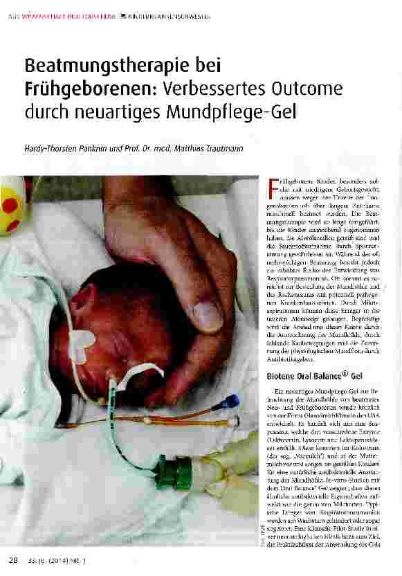 Vorschauseite 1: Beatmungstherapie bei Frühgeborenen: Verbessertes Outcome durch neuartiges Mundpflege-Gel