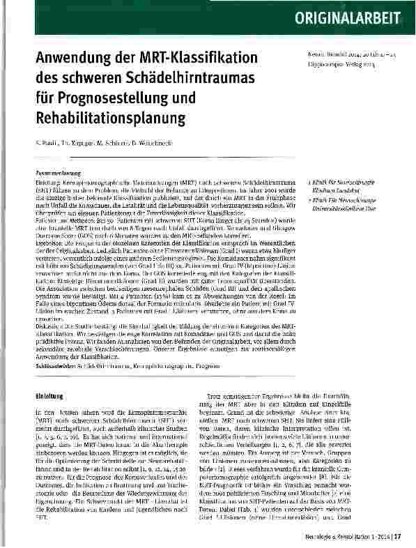 Vorschauseite 1: Anwendung der MRT-Klassifikation des schweren Schädelhirntraumas für Prognosesteüung und Rehabilitationsplanung