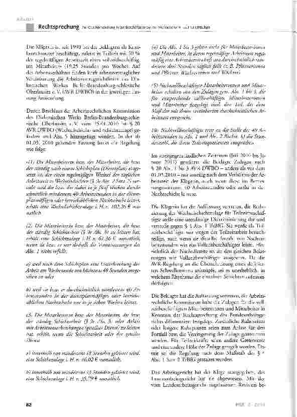 Vorschauseite 2: Zur Gleichbehandlung Teilzeitbeschäftigter bei der Wechselschichtund SchichtzulageTzBfG § 4 Abs. 1 Satz 1 und 2; BGB § 307; AVR DWBO § 20 Abs. 5 Satz 1 und 2