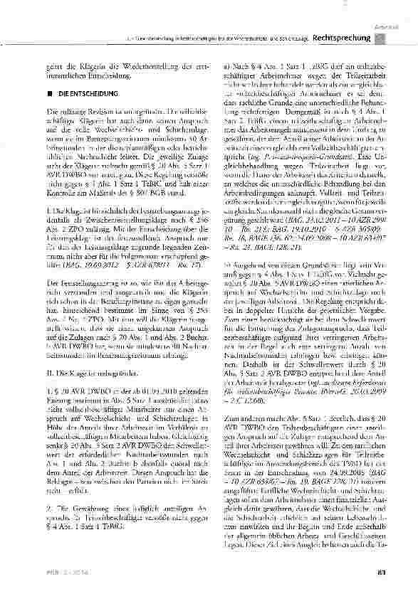 Vorschauseite 3: Zur Gleichbehandlung Teilzeitbeschäftigter bei der Wechselschichtund SchichtzulageTzBfG § 4 Abs. 1 Satz 1 und 2; BGB § 307; AVR DWBO § 20 Abs. 5 Satz 1 und 2