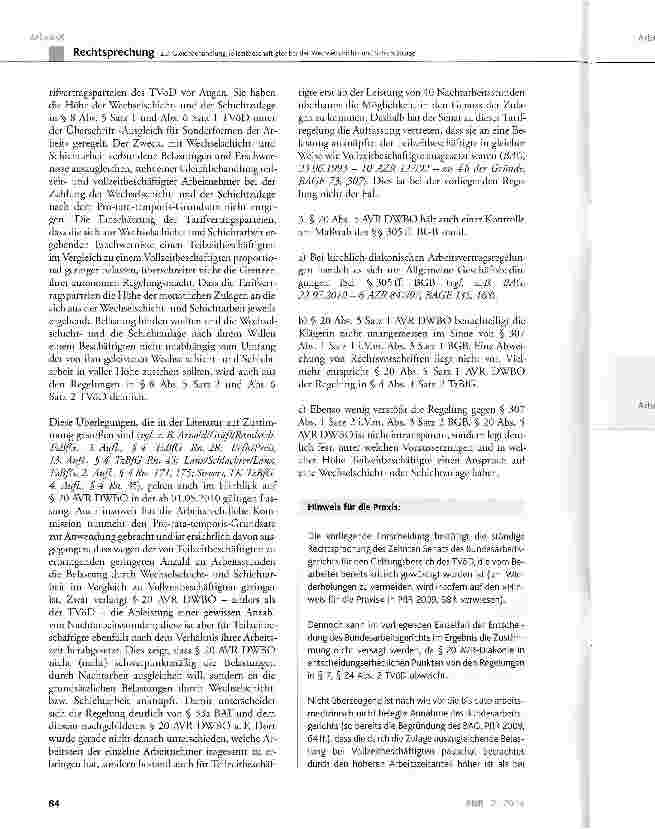 Vorschauseite 4: Zur Gleichbehandlung Teilzeitbeschäftigter bei der Wechselschichtund SchichtzulageTzBfG § 4 Abs. 1 Satz 1 und 2; BGB § 307; AVR DWBO § 20 Abs. 5 Satz 1 und 2