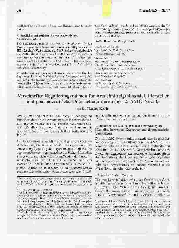 Vorschauseite 1: Verschärfter Regulierungsrahmen für Arzneimittelgroßhandel, Hersteller und pharmazeutische Unternehmer durch die 12. AMG-Novelle