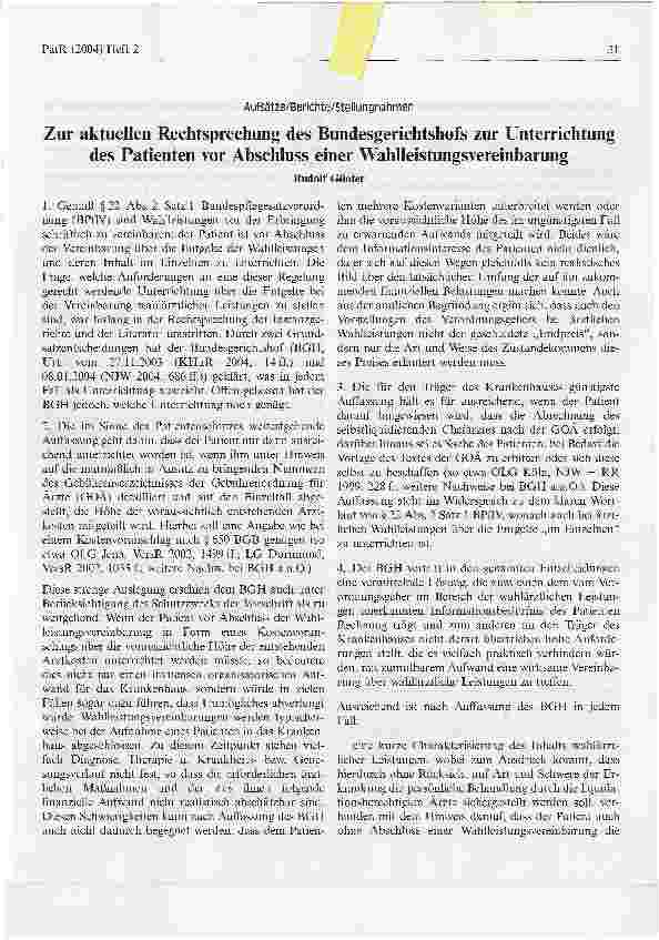 Vorschauseite 1: Zur aktuellen Rechtsprechung des Bundesgerichtshofs zur Unterrichtung des Patienten vor Abschluss einer Wahlleistungsvereinbarung