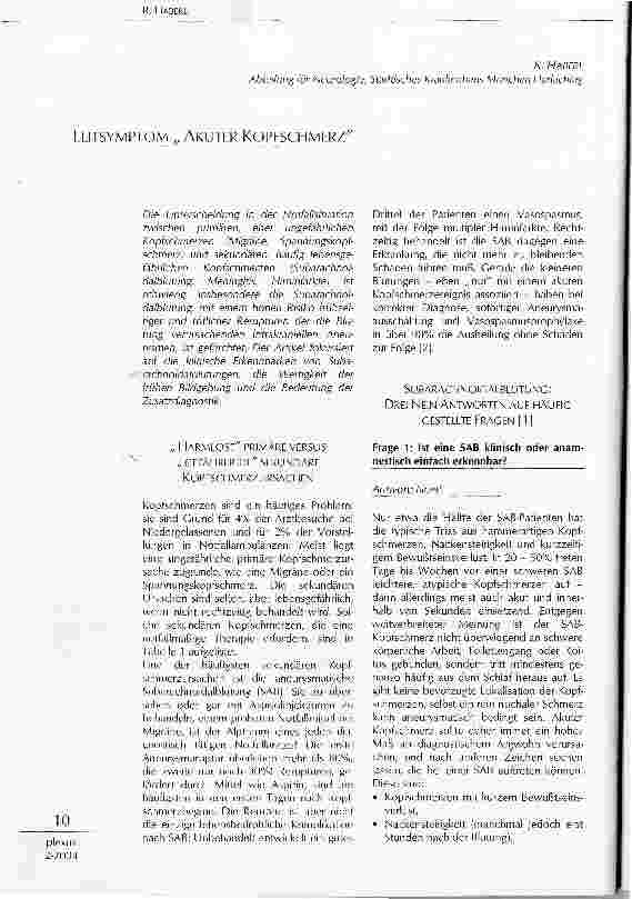 Vorschauseite 1: LEITSYMPTOM AKUTER KOPFSCHMERZ