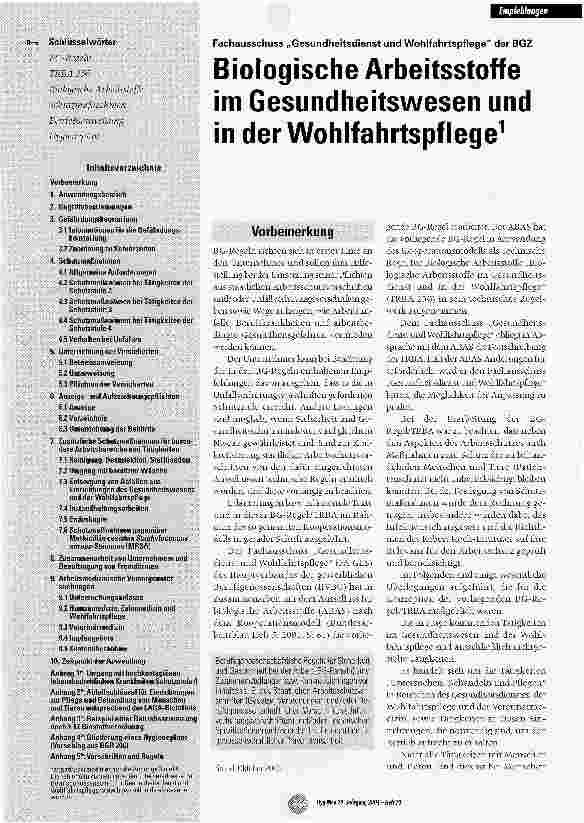 Vorschauseite 1: Biologische Arbeitsstoffe im Gesundheitswesen und in der Wohlfahrtspflege