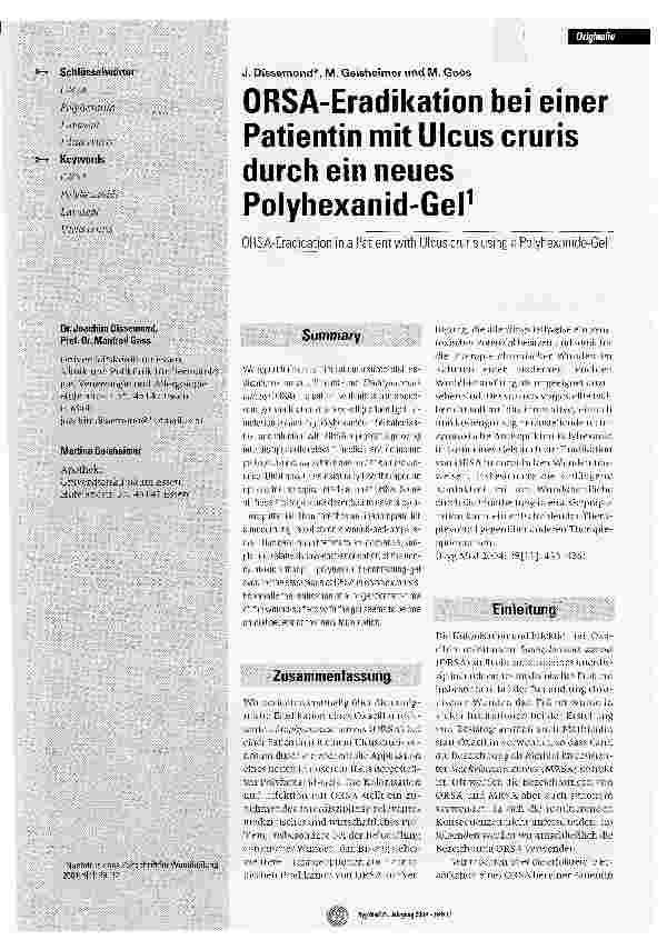 Vorschauseite 1: ORSA-Eradikation bei einer Patientin mit UIcus cruris durch ein neues Polyhexanid-Gel