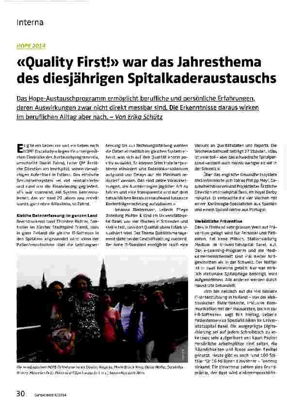 Vorschauseite 1: «Quality First!» war das Jahresthema des diesjährigen Spitalkaderaustauschs