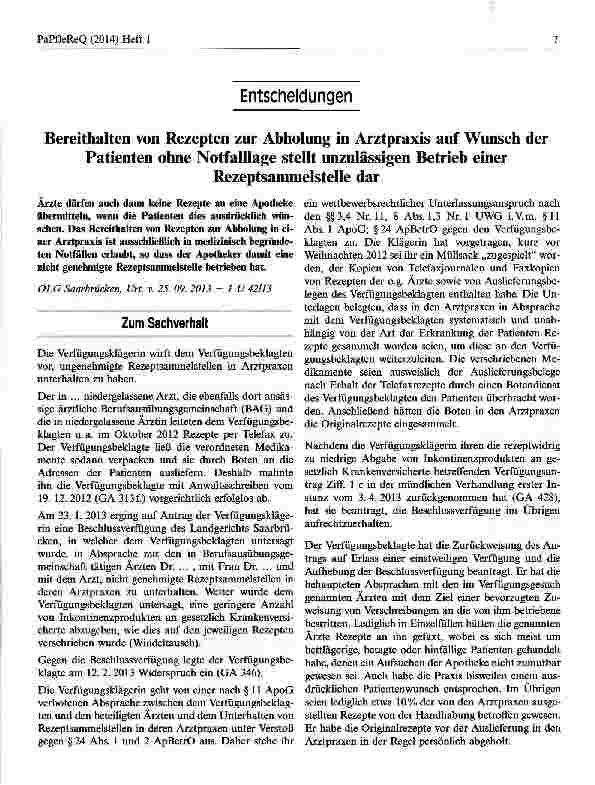 Vorschauseite 1: Bereithalten von Rezepten zur Abholung in Arztpraxis auf Wunsch der Patienten ohne Notfalllage stellt unzulässigen Betrieb einer Rezeptsammelstelle dar
