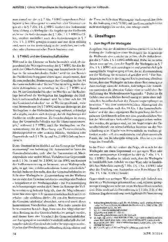 Vorschauseite 2: Rechtsprobleme der Werbegaben für Angehörige der Heilberufe -zugleich eine Anmerkung zum Urteil des OLG Hamburg vom 20. März 2014, Az. 3 U 96/14