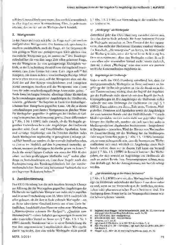 Vorschauseite 3: Rechtsprobleme der Werbegaben für Angehörige der Heilberufe -zugleich eine Anmerkung zum Urteil des OLG Hamburg vom 20. März 2014, Az. 3 U 96/14